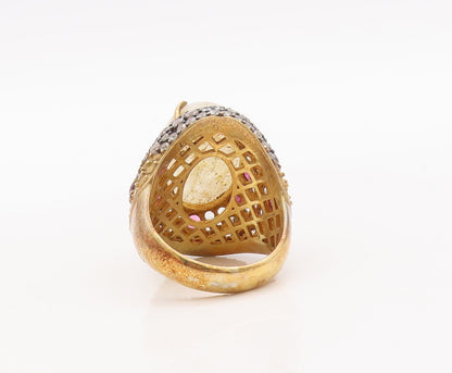 925 Sterling Silver Vintage Ring Gold Plated Cabochon Gemstones  Sz 6.5  RG29346
