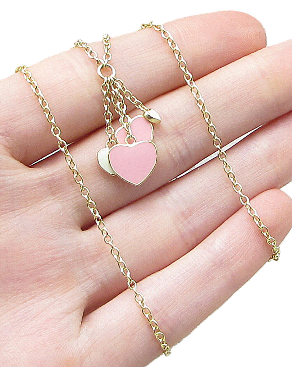 Gold Over 925 Silver  Enamel Love Hearts Charm Adjustable Chain Necklace PT1330
