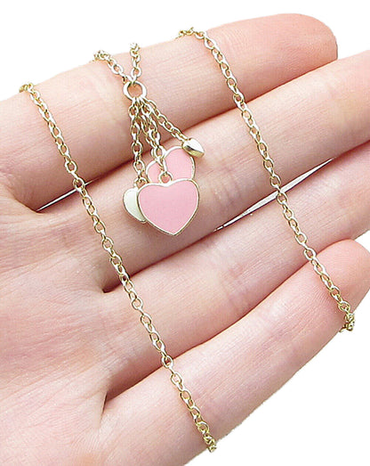 Gold Over 925 Silver  Enamel Love Hearts Charm Adjustable Chain Necklace PT1330