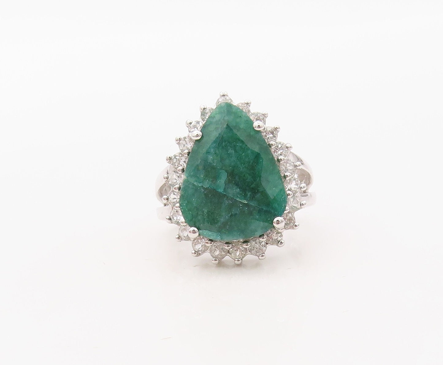 925 Sterling Silver Vintage Ring Drop Cut Green Gemstone & CZ  Sz 5  RG30564