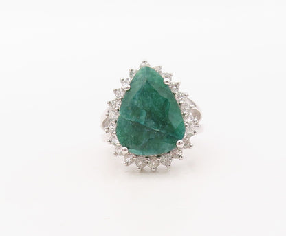 925 Sterling Silver Vintage Ring Drop Cut Green Gemstone & CZ  Sz 5  RG30564