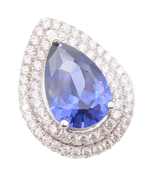 925 Sterling Silver Vintage Ring Designer Drop Cut Sapphire Halo CZ Sz 7 RG30142