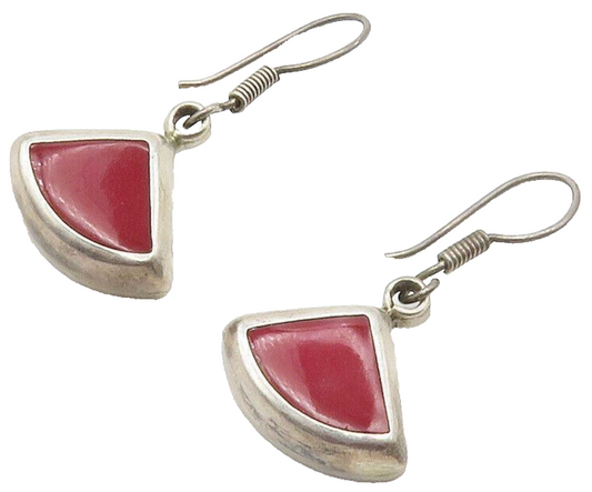 MEXICO 925 Sterling Silver  Vintage Inlaid Red Coral Dangle Earrings  EG7784