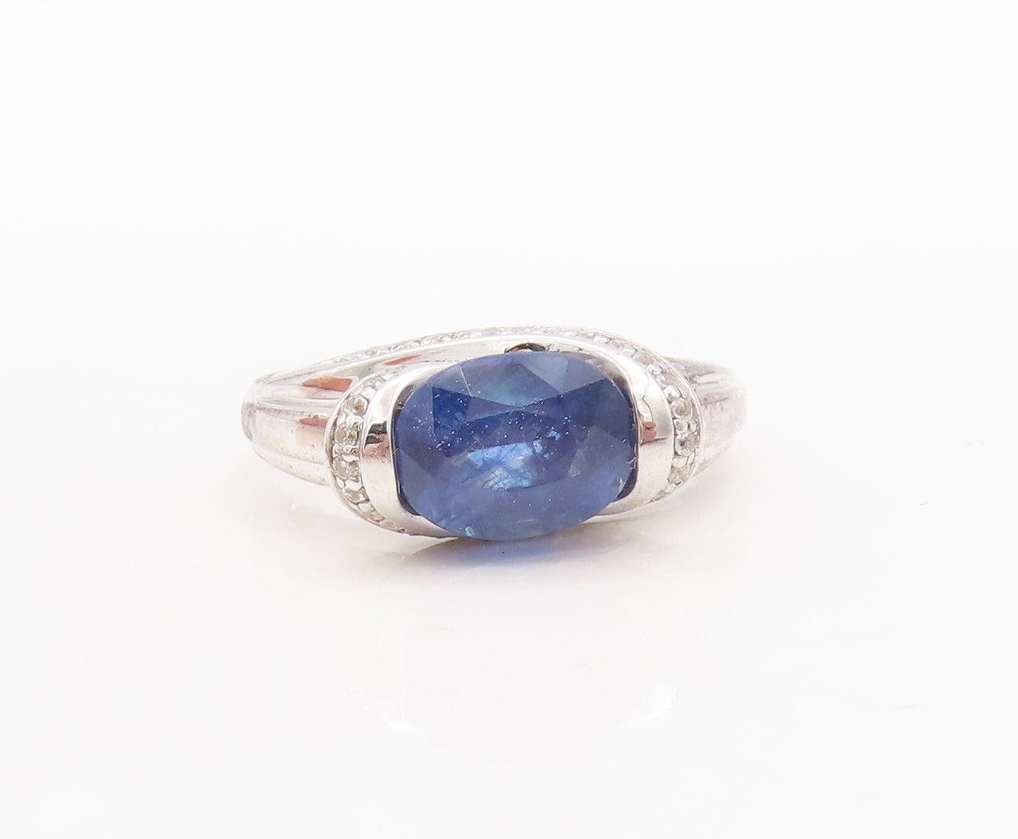 925 Sterling Silver Vintage Ring Oval Cut Sapphire CZ Inlay Band Sz 7  RG29734