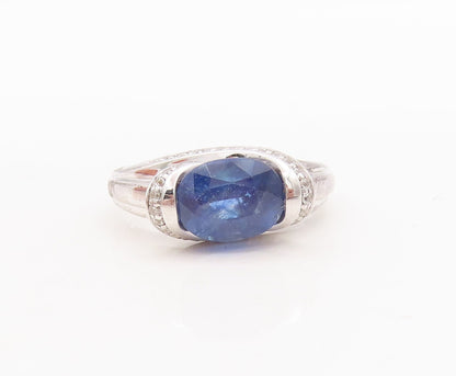 925 Sterling Silver Vintage Ring Oval Cut Sapphire CZ Inlay Band Sz 7  RG29734