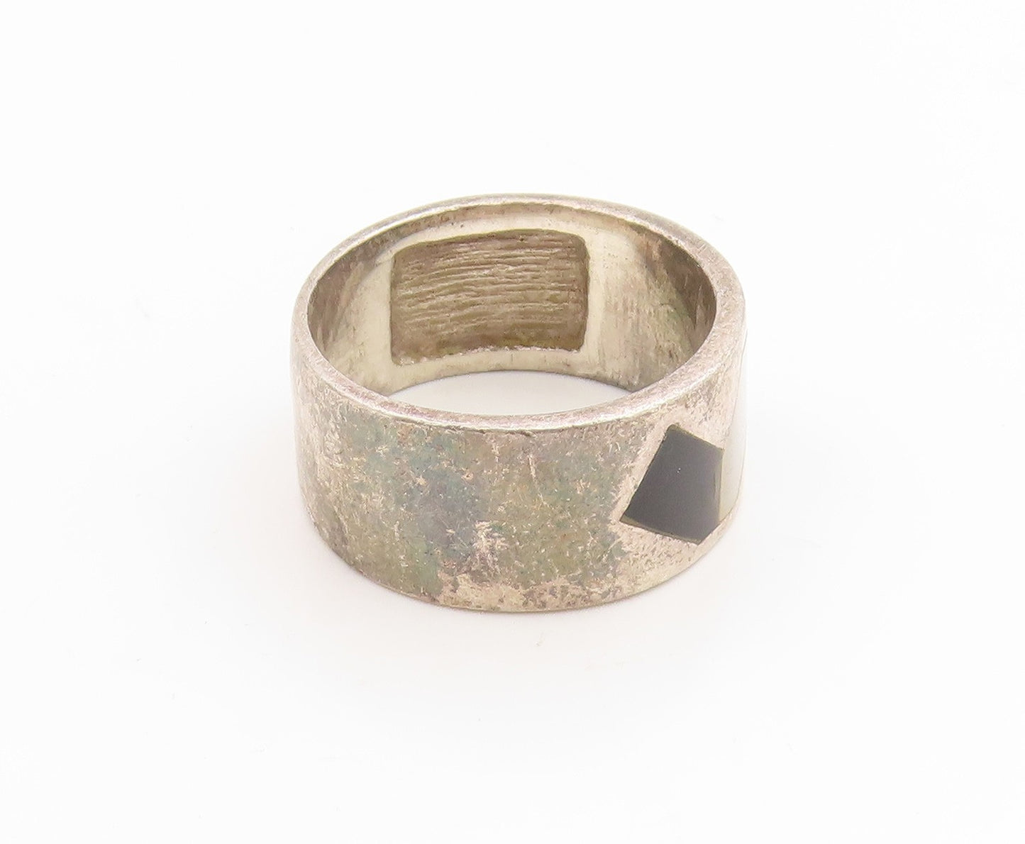 925 Sterling Silver Vintage Ring Mother Of Pearl & Onyx Inlay  Sz 8  RG36186