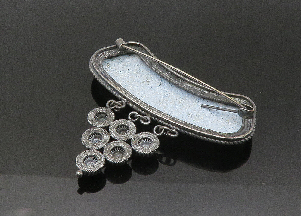 925 Sterling Silver  Vintage Enamel Floral Art Twist Border Brooch Pin  BP8654