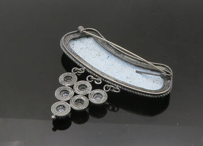 925 Sterling Silver  Vintage Enamel Floral Art Twist Border Brooch Pin  BP8654