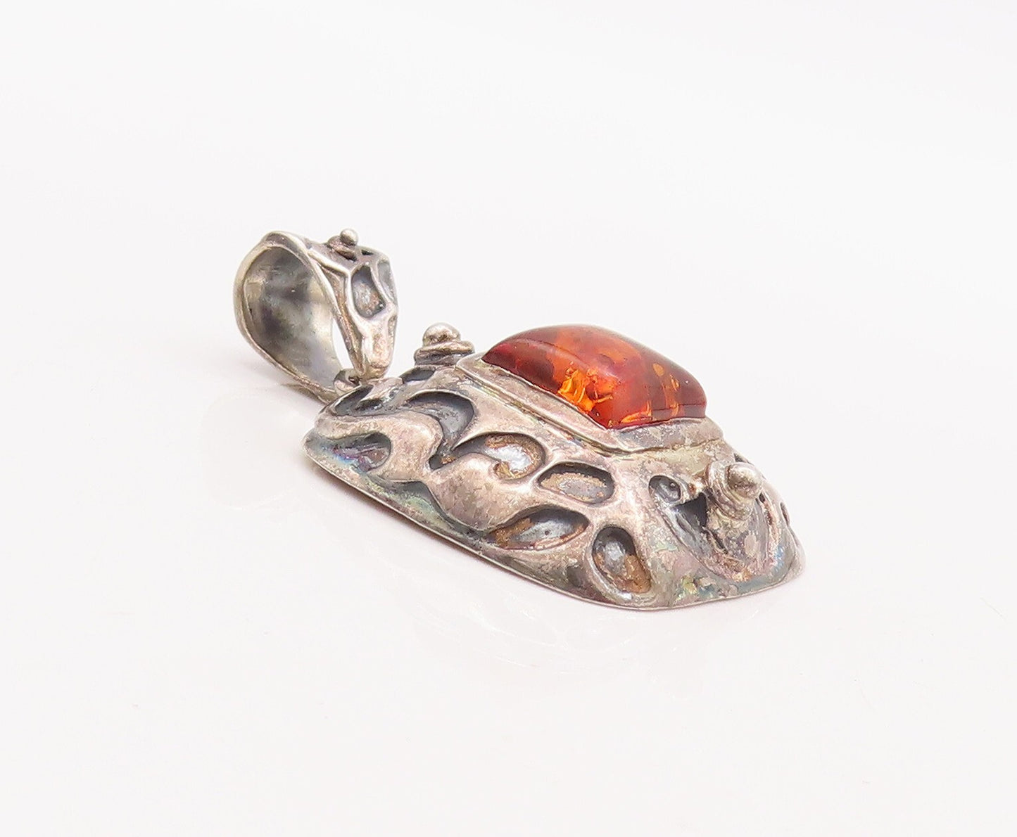 925 Sterling Silver Vintage Pendant Swirly Carved Square Shape Amber  PT23395