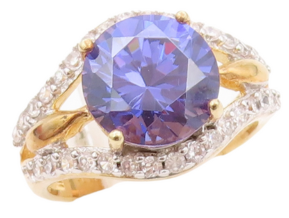 925 Sterling Silver Vintage Ring Gold Plated Sapphire Split CZ Band Sz 7 RG30197