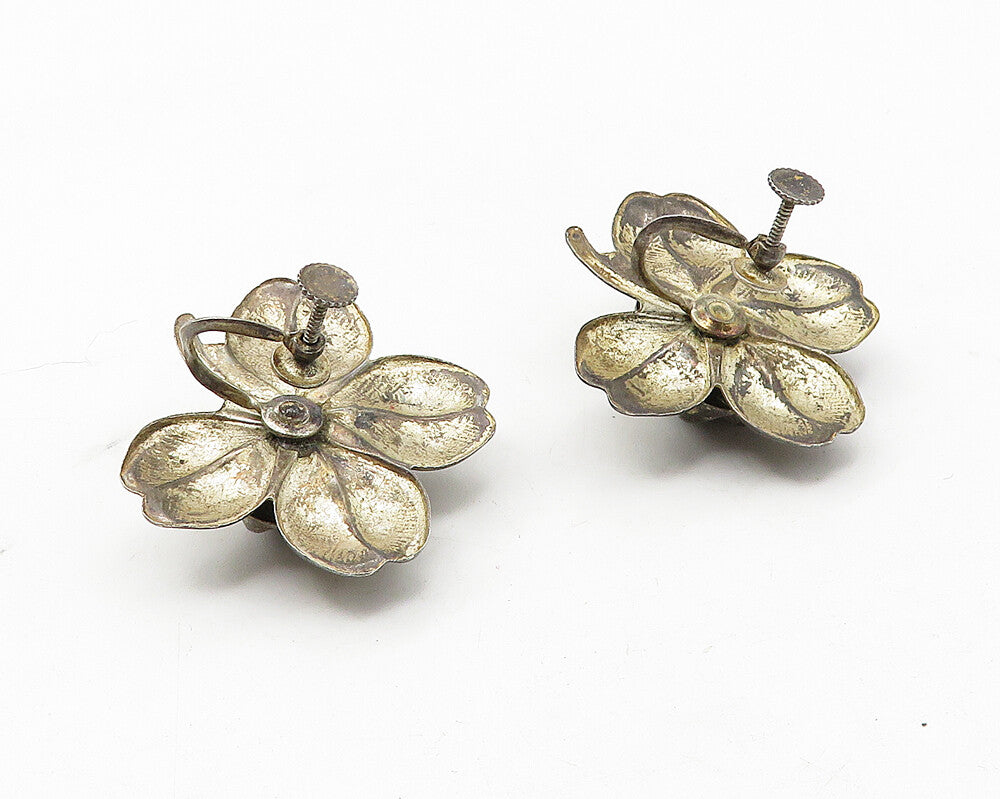 925 Sterling Silver  Vintage Dark Tone Flower Motif Non Pierce Earrings EG5869