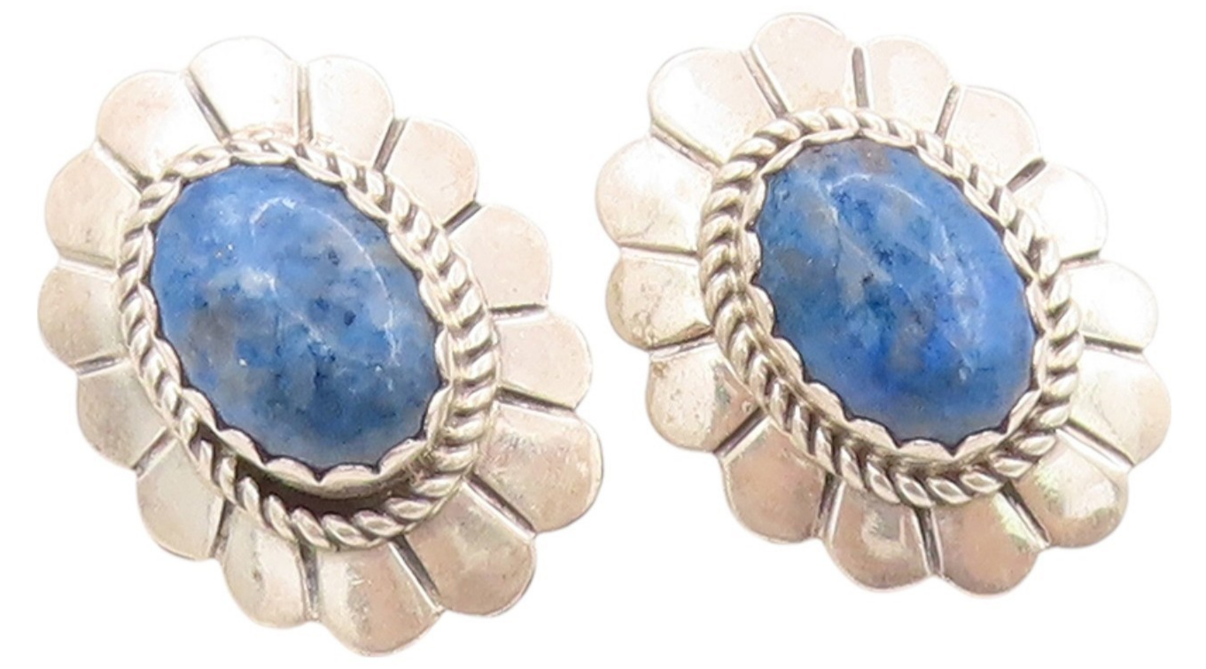 925 Sterling Silver Vintage Earrings Oval Cabochon Turquoise Flower  EG13547