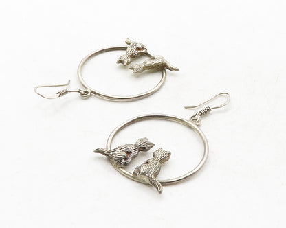 925 Sterling Silver  Vintage Dark Tone Cat Couple Dangle Earrings  EG6539