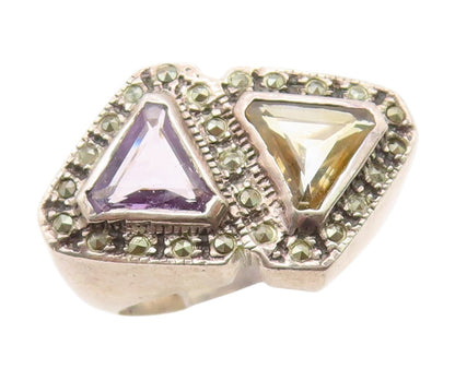 925 Sterling Silver Vintage Ring Amethyst & Citrine Geometric Band Sz 6 RG35175