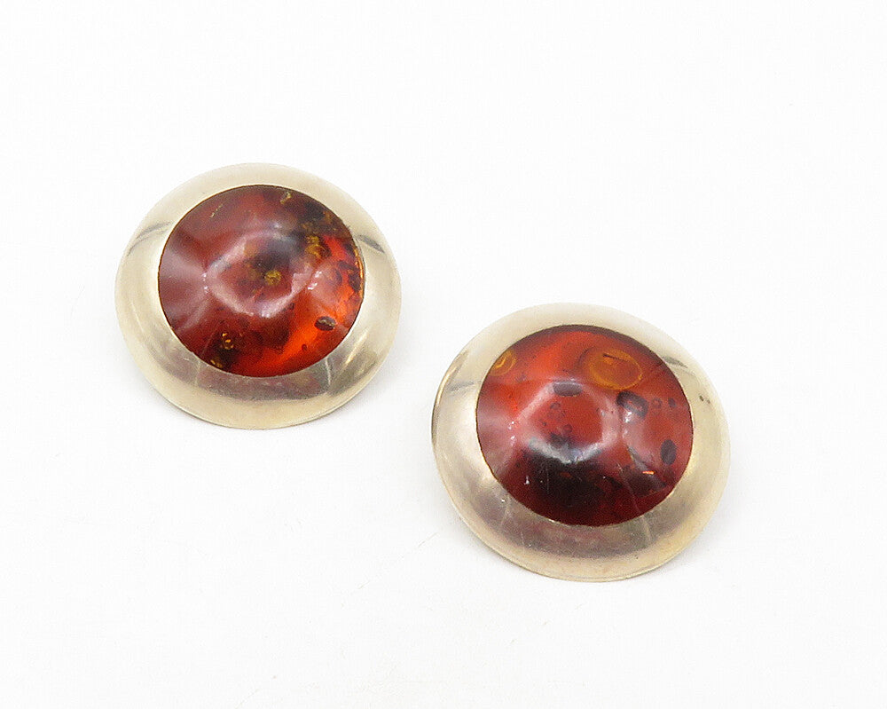 925 Sterling Silver  Vintage Amber Non Pierce Button Drop Earrings  EG6421