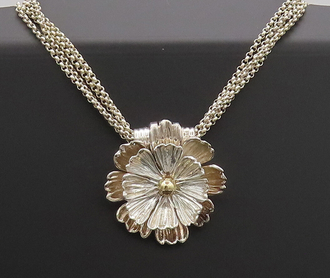 ESPO SIG 14k GOLD 925 Silver  Vintage Carved Flower Pendent Necklace  NE4205