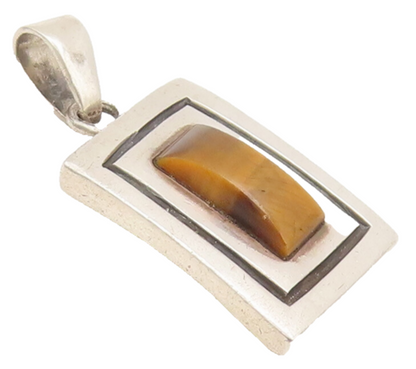 925 Sterling Silver Vintage Pendant MEXICO Etched Square Tiger's Eye  PT22431