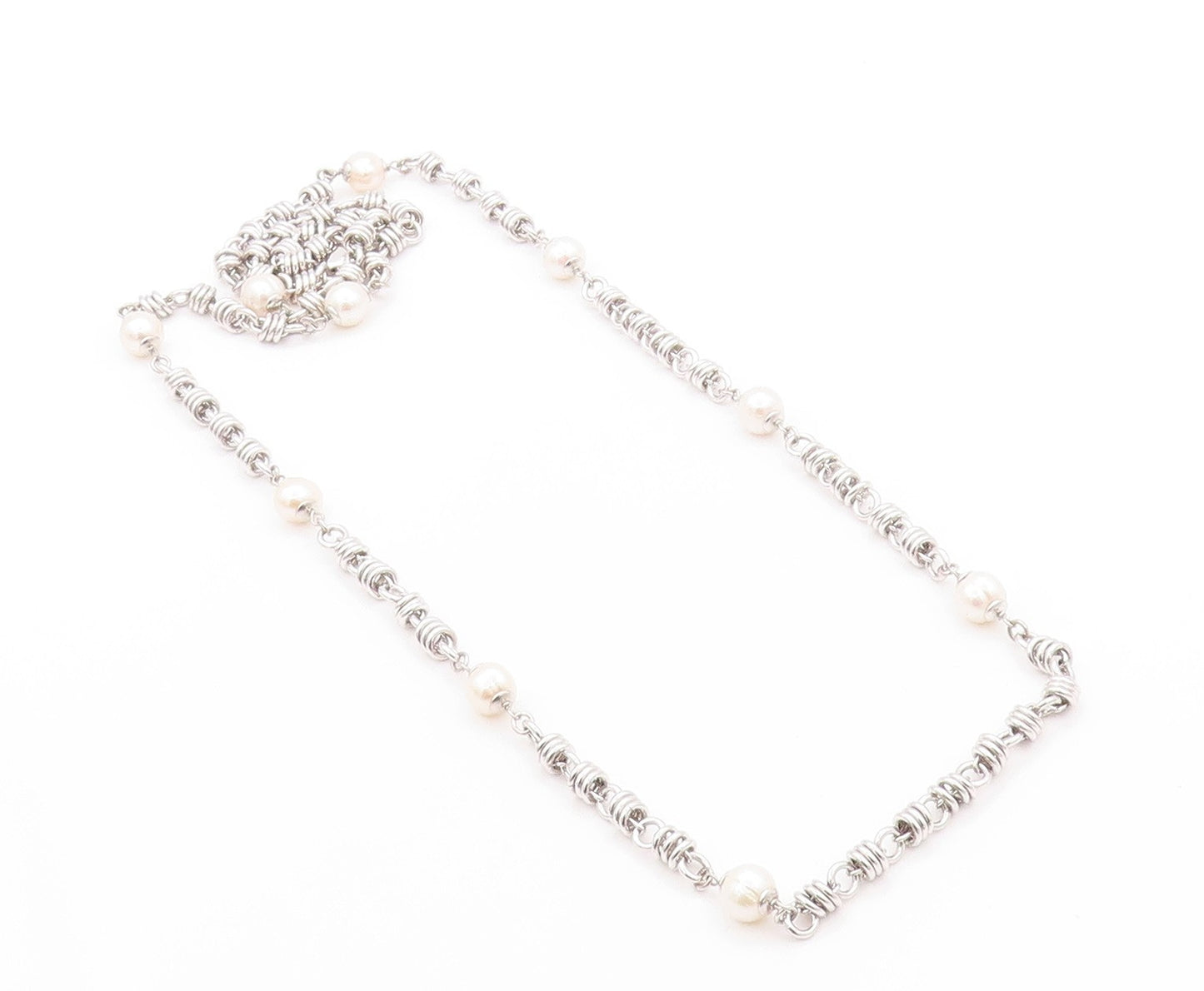 925 Sterling Silver Vintage Necklace Modernist Ring Chain Pearls Linked  NE4562