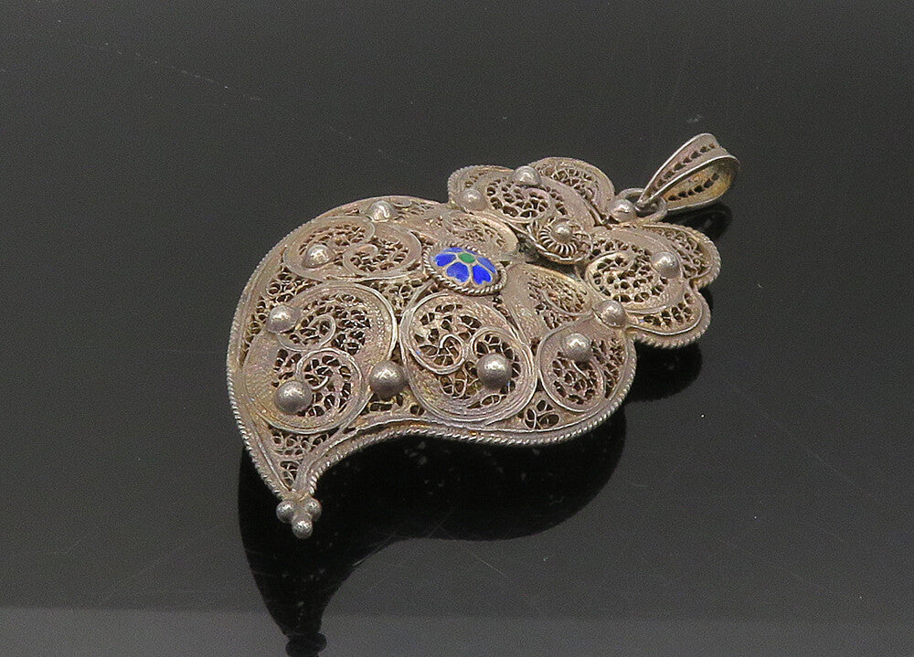 925 Sterling Silver  Vintage Enamel Floral Detail Filigree Pendant  PT17823