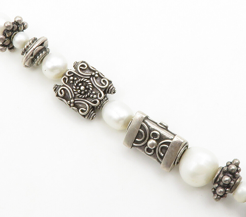 925 Sterling Silver  Vintage Shiny Pearls Ornate Beaded Chain Bracelet  BT5874