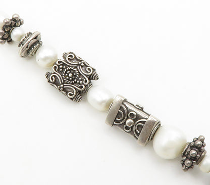 925 Sterling Silver  Vintage Shiny Pearls Ornate Beaded Chain Bracelet  BT5874