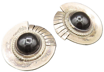 MEXICO 925 Silver  Vintage Round Black Onyx Non Pierced Earrings  EG11945
