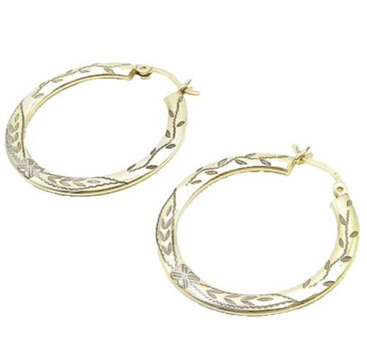 925 Sterling Silver Vintage Gold Plated Floral Vine Etched Hoop Earrings  EG9655