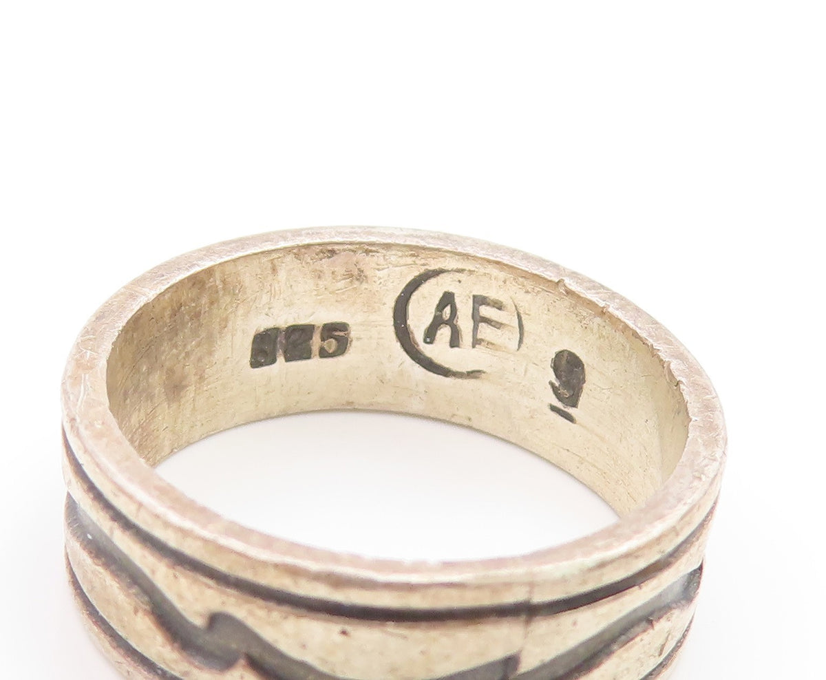 DESIGNER 925 Silver Vintage Oxidized Two Tone Design Band Ring  Sz 9  RG20368