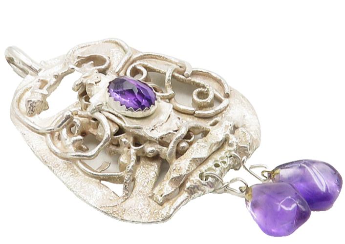 925 Sterling Silver  Vintage Amethyst Modernist Sculpted Swirl Pendant  PT7834