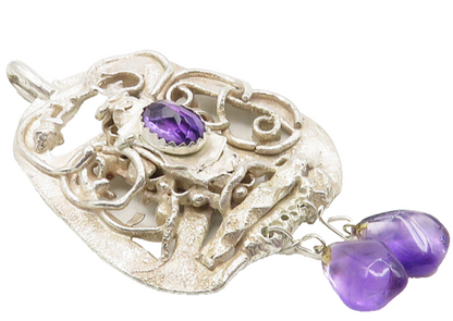 925 Sterling Silver  Vintage Amethyst Modernist Sculpted Swirl Pendant  PT7834