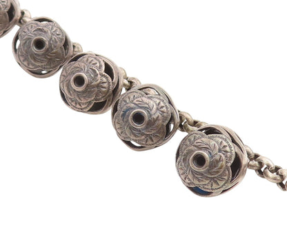 925 Sterling Silver Vintage Bracelet Carved Floral Roses Beaded Chain  BT11430
