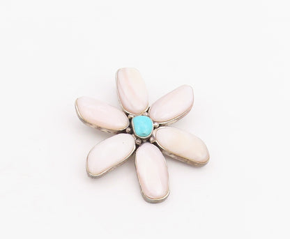 925 Sterling Silver Vintage Pendant Mother OF Pearl & Turquoise Flower  PT25875