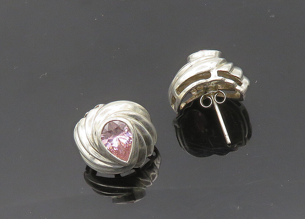 925 Sterling Silver  Vintage Pink Cubic Zirconia Fluted Drop Earrings  EG10142