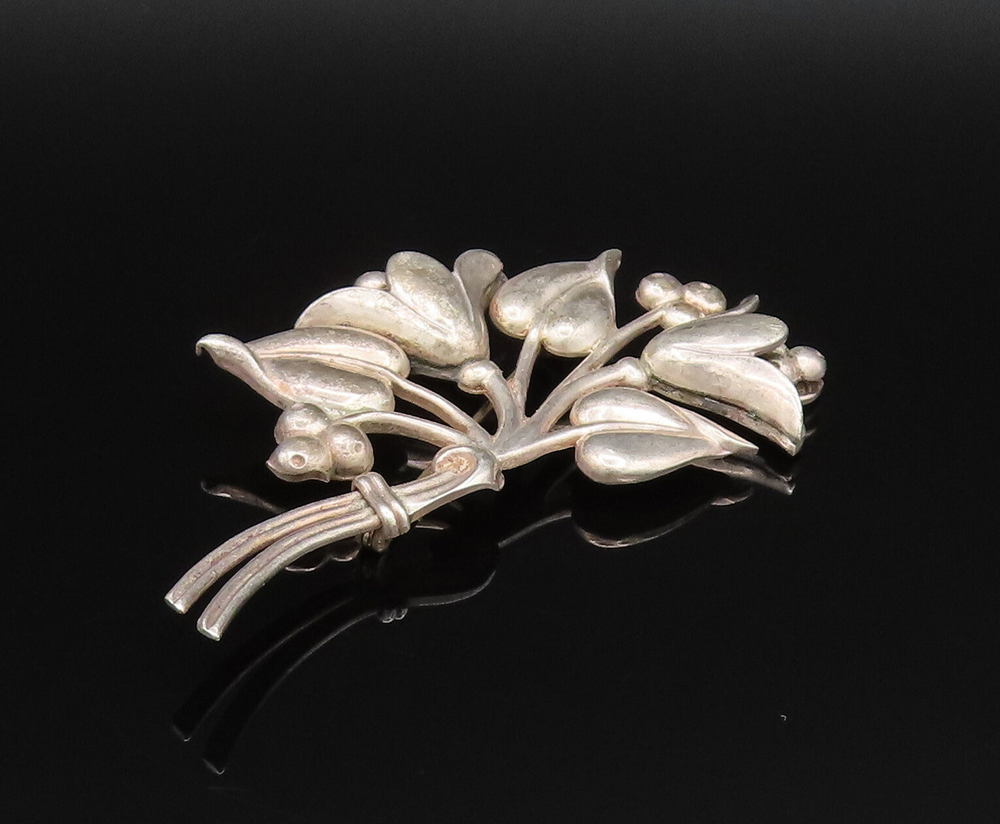 NORSELAND 925 Silver  Vintage Carved Tulip Flower Bouquet Brooch Pin  BP9803