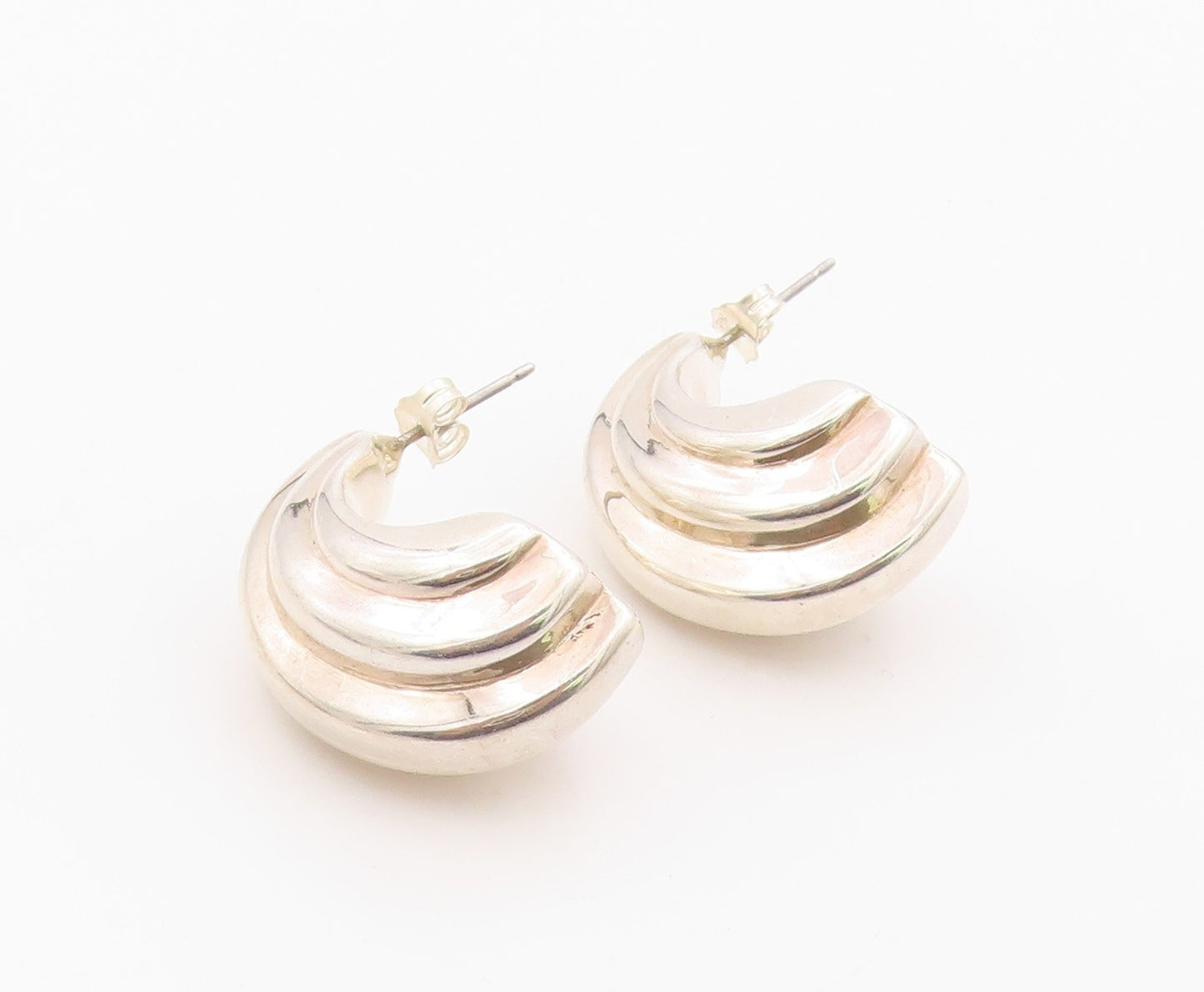 925 Sterling Silver Vintage Earrings AIRESS Ribbed Croissant Hoops  EG14398