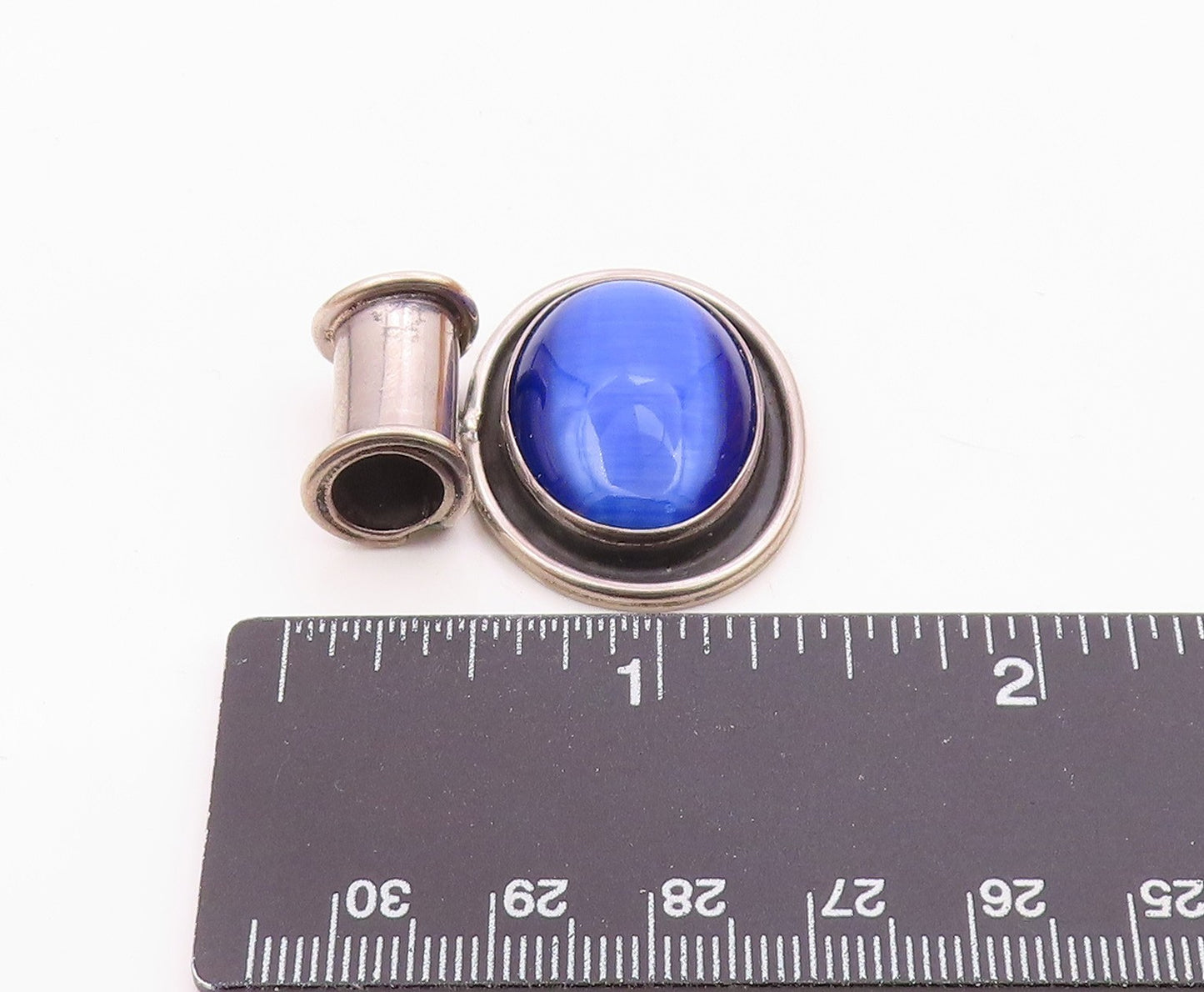 925 Sterling Silver  Vintage Blue Cat's Eye Stone Oval Slide Pendant  PT10311
