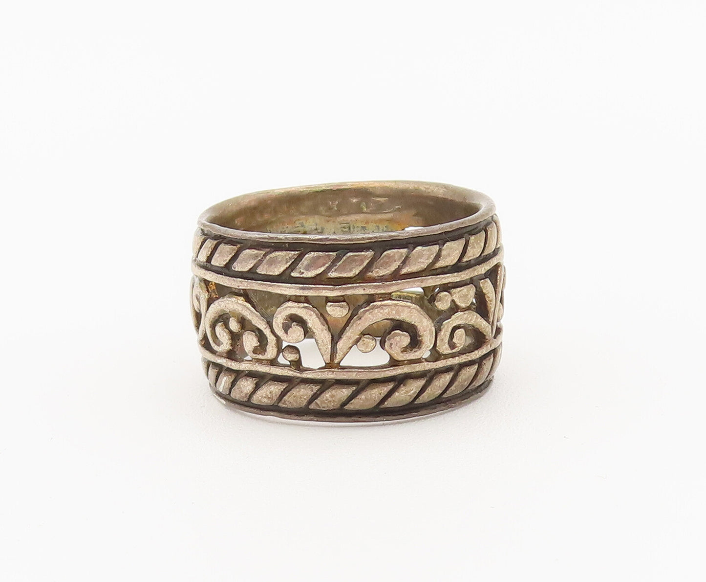 925 Sterling Silver Vintage Ring Swirls And Twisted Rope Carved Sz 9.5  RG27846