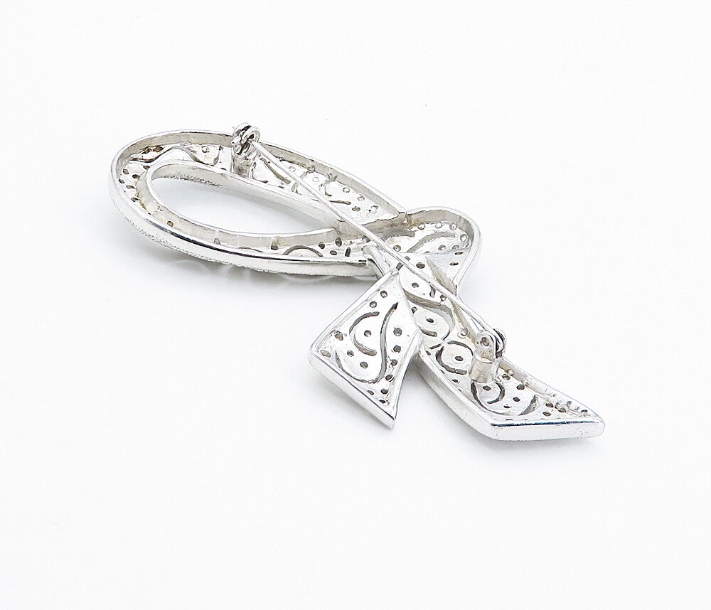 925 Sterling Silver  Vintage Shiny Cubic Zirconia Ribbon Brooch Pin  BP2964