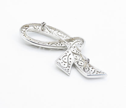 925 Sterling Silver  Vintage Shiny Cubic Zirconia Ribbon Brooch Pin  BP2964