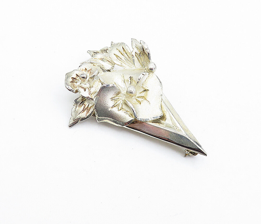 925 Sterling Silver  Vintage Shiny Sculpted Floral Bouquet Brooch Pin  BP1616