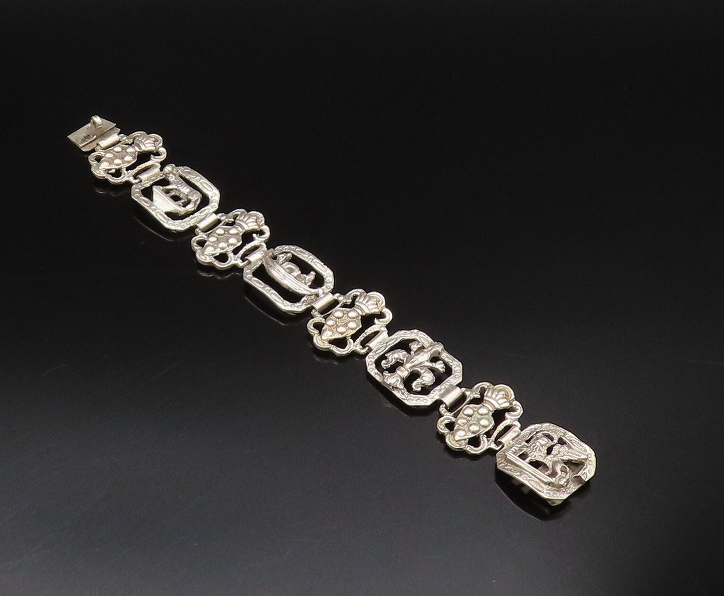 925 Silver  Vintage Pineapple Tiger & Winged Lion Cutout Link Bracelet  BT9702