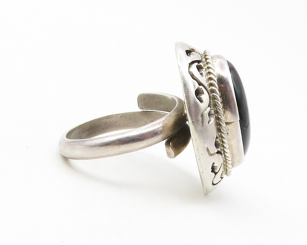 MEXICO 925 Silver  Vintage Black Onyx Floral Vine Cocktail Ring Sz 6.5 RG12171