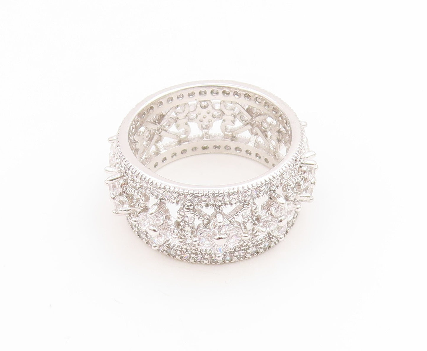 925 Sterling Silver Vintage Ring CZ Floral Openwork Eternity Band  Sz 8  RG35194