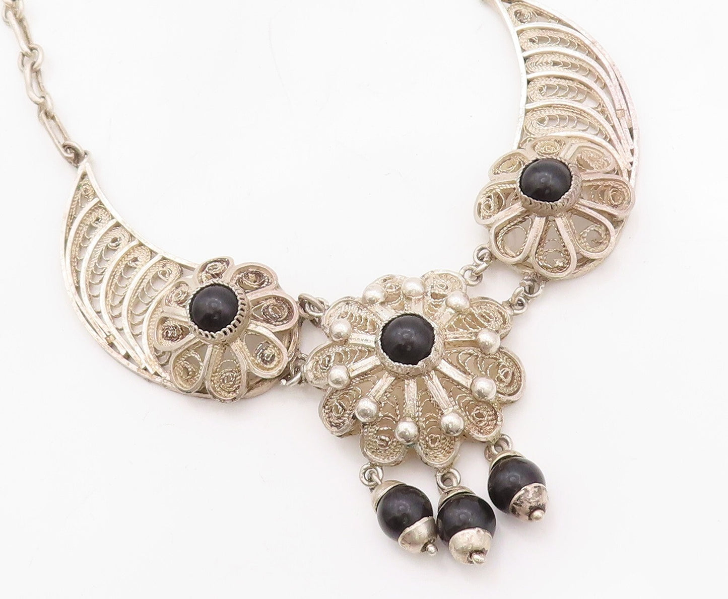 925 Sterling Silver Vintage Necklace Designer Filigree Floral Onyx  NE4306
