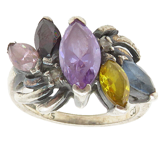 925 Sterling Silver  Vintage Amethyst Garnet & Topaz Band Ring Sz 7  RG17052