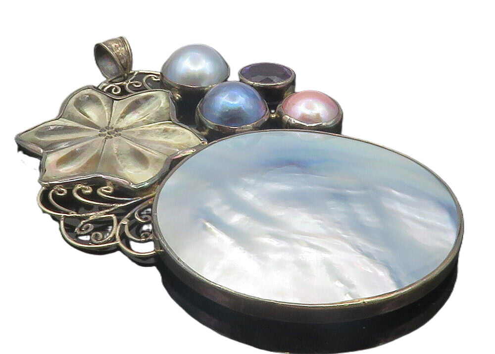 925 Sterling Silver  Vintage Mother Of Pearl & Pearls Floral Pendant  PT9476