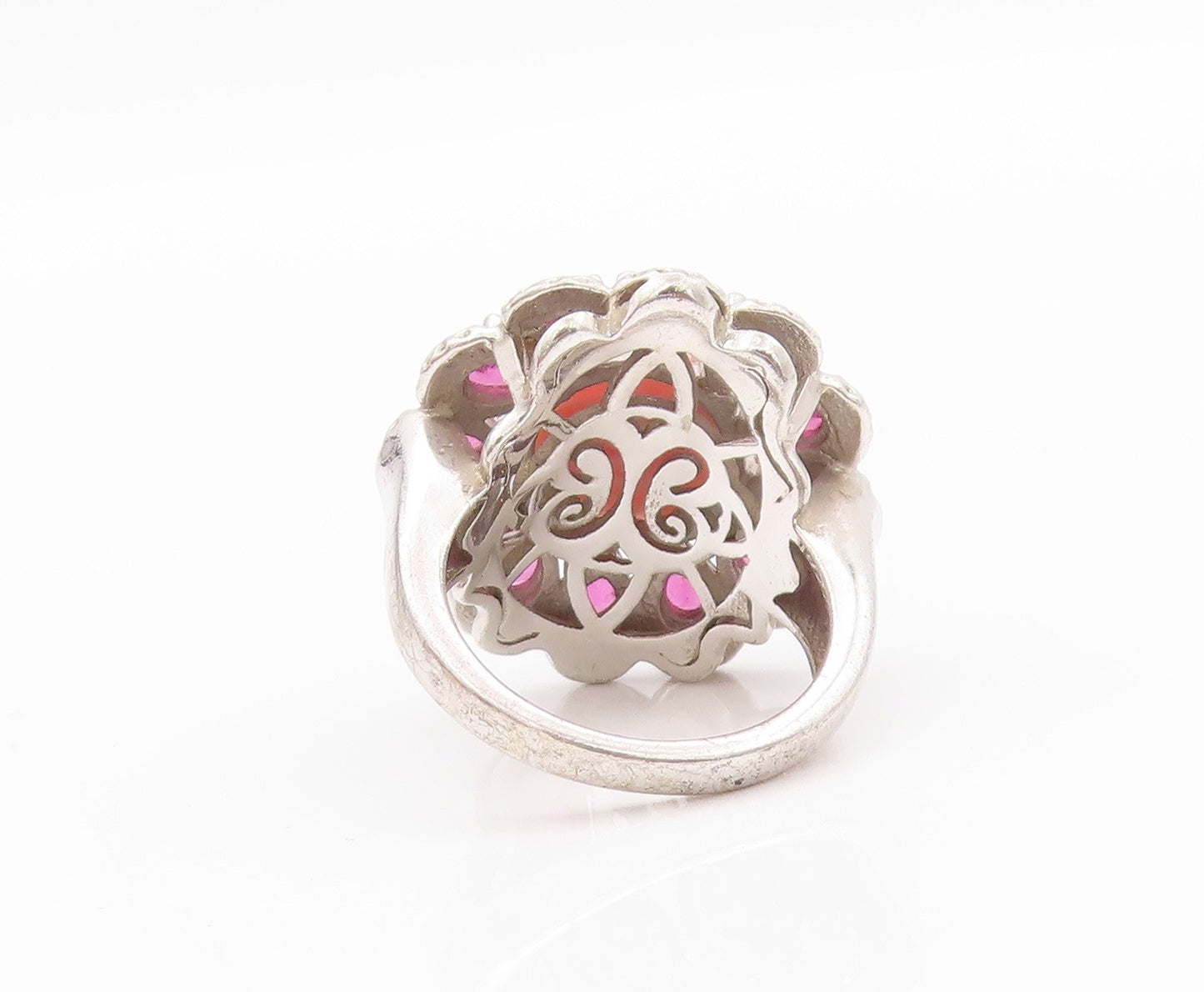 925 Sterling Silver Vintage Ring Drop Cut CZ & Rhodochrosite Flower Sz 5 RG32226
