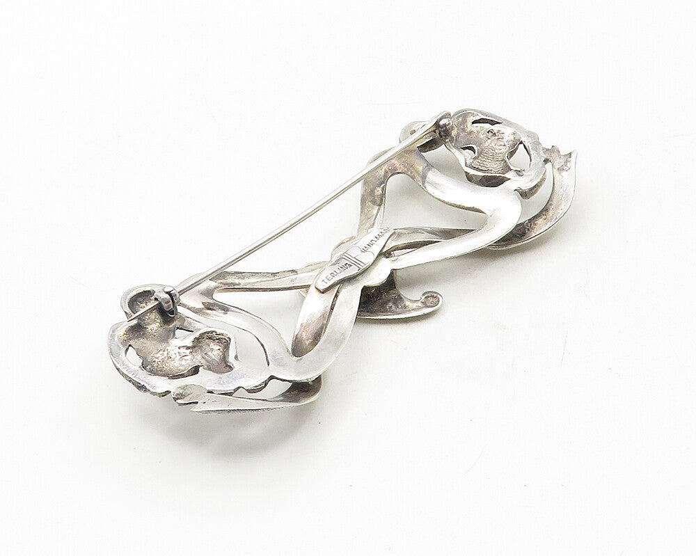 925 Sterling Silver  Vintage Handmade Love Heart Ribbon Brooch Pin  BP3712