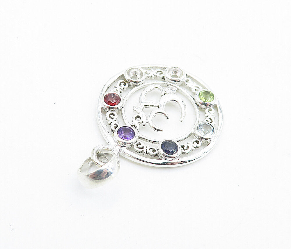 925 Sterling Silver  Topaz Aquamarine Peridot & Amethyst Om Pendant  PT5583