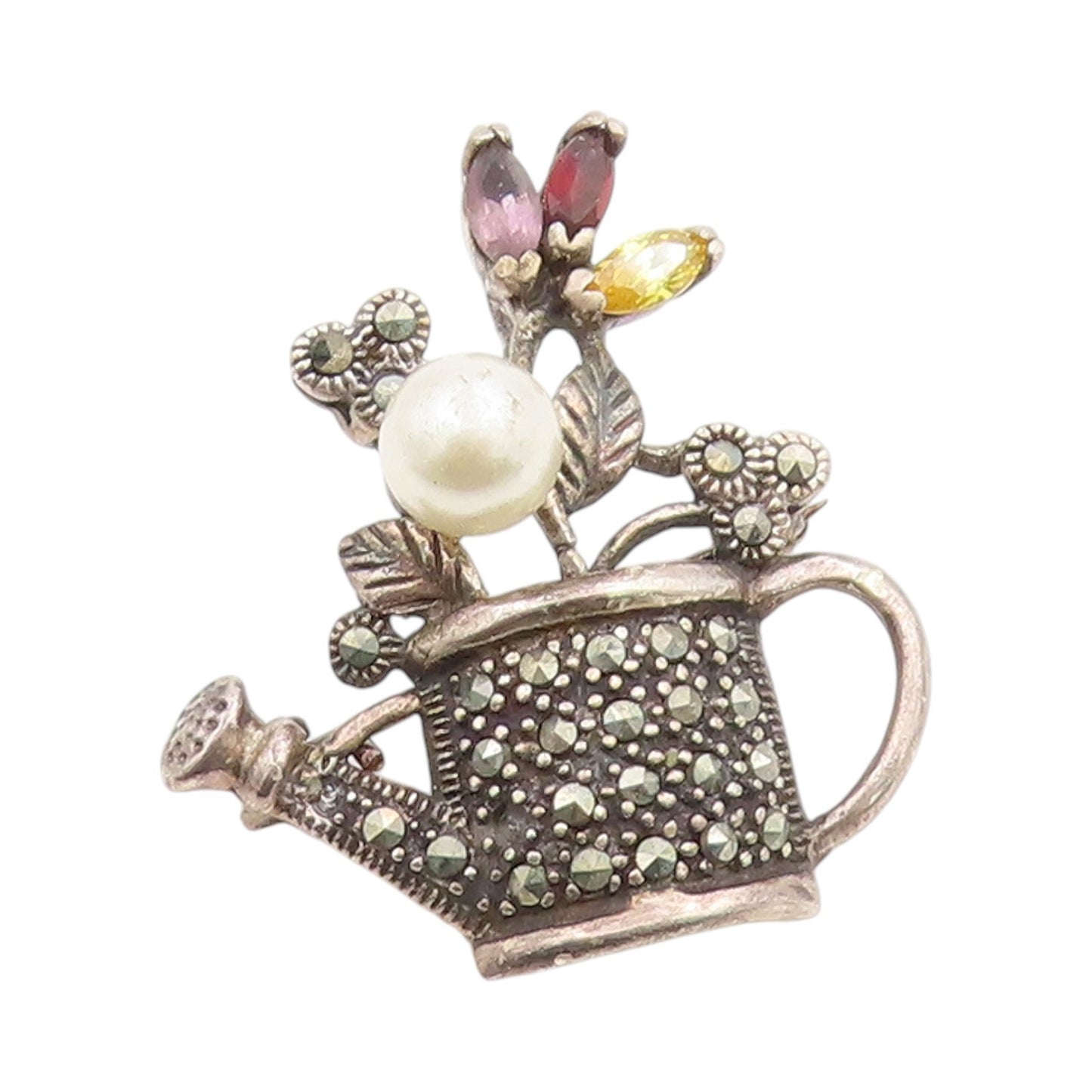 925 Sterling Silver Vintage Brooch Pearl & Multi Gemstone Watering Can  BP12026